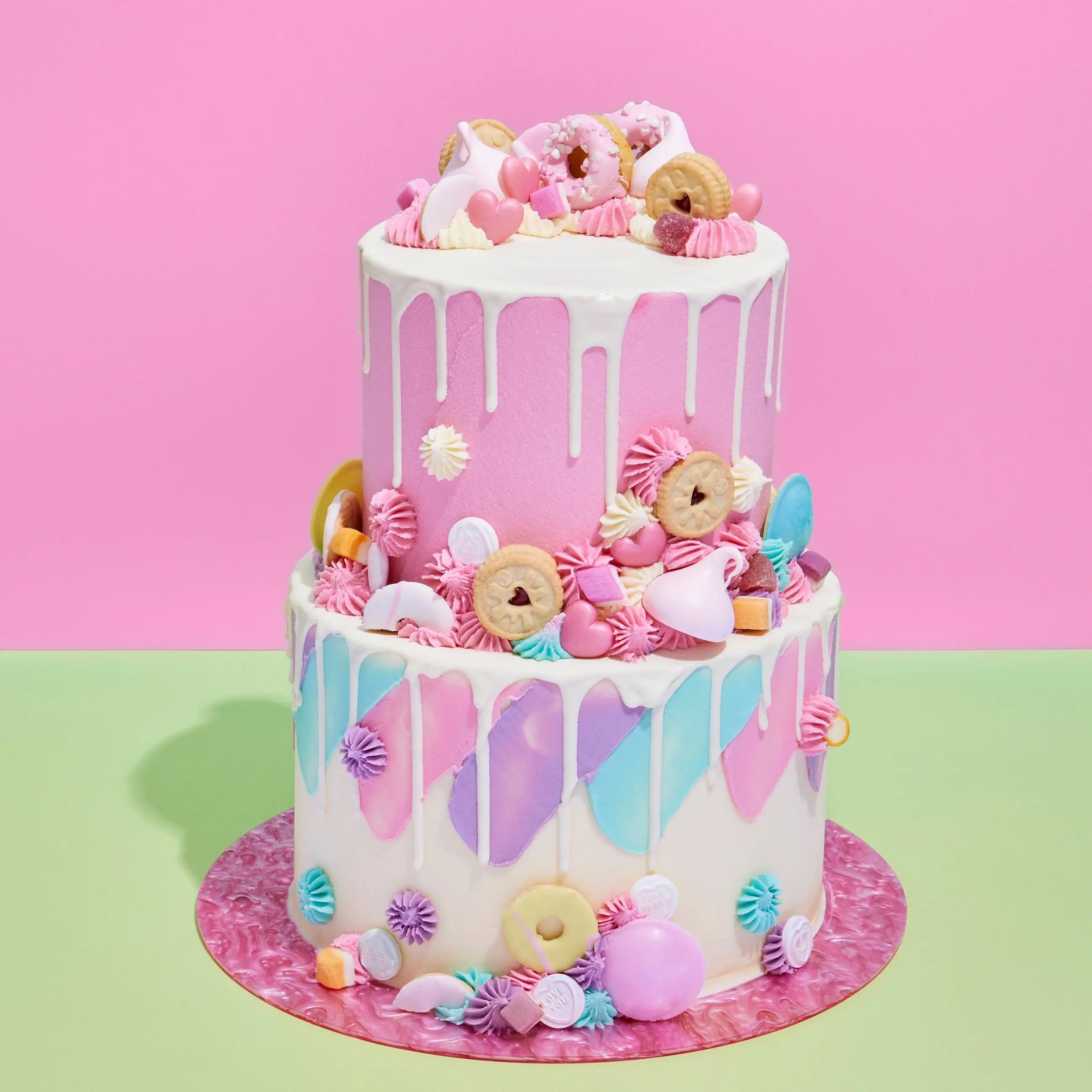 2 Tier Pretty In Pink & Pick N Mix Cake - Crumbs & Doilies