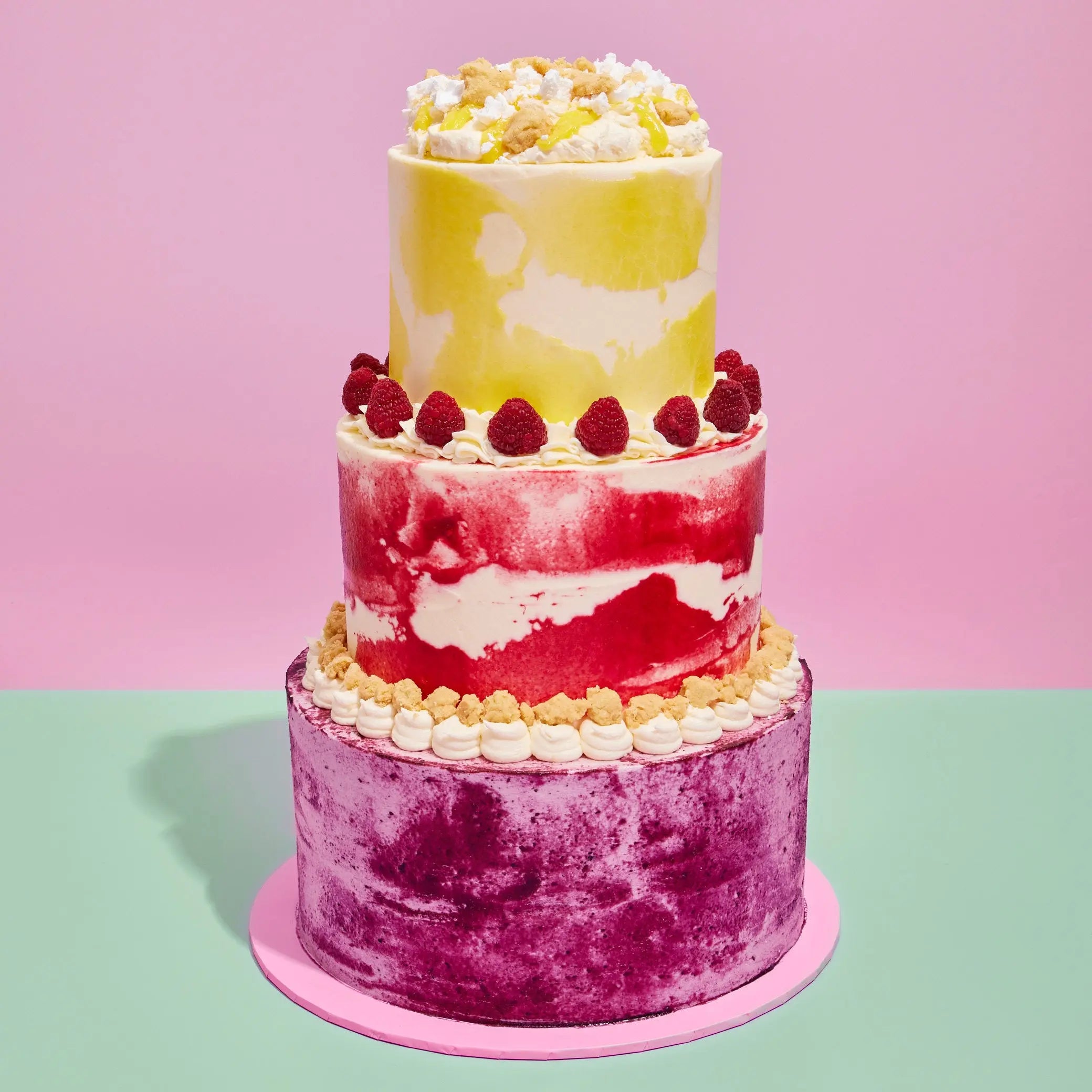 3 Tier Lemon, Raspberry & Blueberry Cake - Crumbs & Doilies